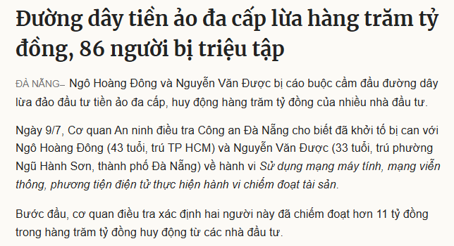 Vietnamese news article headline about a cryptocurrency scam operation that defrauded hundreds of billions of dong, with 86 people summoned.