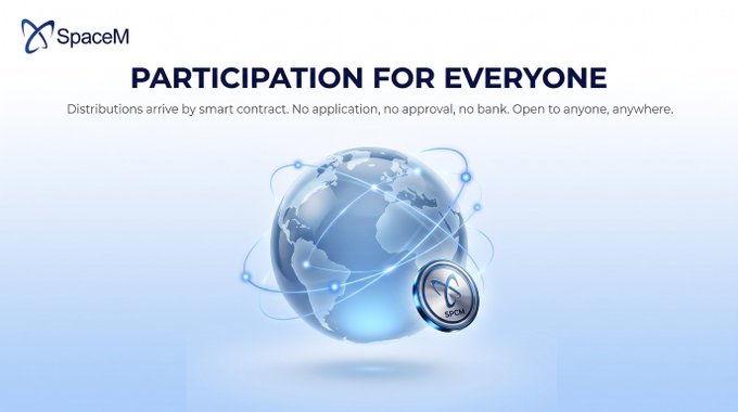 A SpaceM promotional graphic featuring the headline 'PARTICIPATION FOR EVERYONE' with a globe illustration and text describing smart contract distributions open to anyone, anywhere.