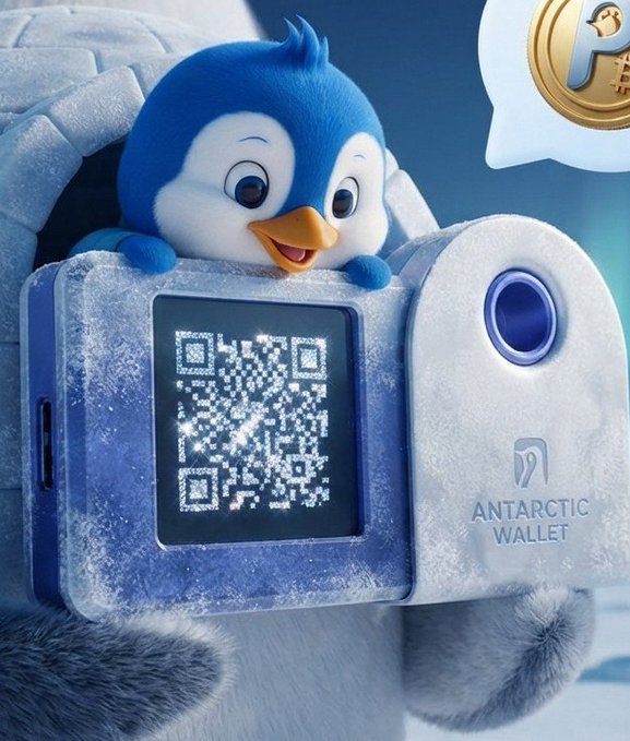 3D rendered advertisement for 'Antarctic Wallet' featuring a cute blue penguin mascot emerging from an ice-covered wallet device displaying a QR code, with a gold Bitcoin-style coin in the corner.