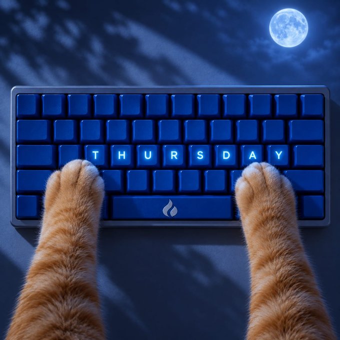 A pair of ginger cat paws rests on a glowing blue keyboard spelling out "THURSDAY," with a full moon looming overhead in the night sky. The image playfully ties to the post by depicting a cat literally ready to "type it and send it" the alpha drop, paws poised for the meow-numental announcement.