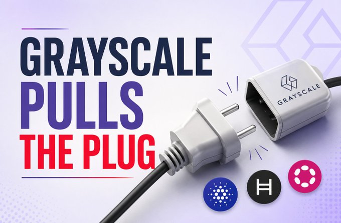 A graphic reading 'GRAYSCALE PULLS THE PLUG' showing an unplugged power cord with cryptocurrency logos (Cardano, Hedera, Polkadot) below.