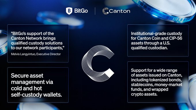 The image shows a poster for BitGo's custody infrastructure, which is integrated with Canton's Global Synchronizer. The poster features a blue background with white text that highlights the benefits of using BitGo's services, such as the ability to securely store and manage assets without disrupting the network's privacy or interoperability architecture. The post also mentions a case study where BitGo's custody infrastructure was used for $CC and CIP-56 assets, showcasing its effectiveness in managing valuable financial instruments.