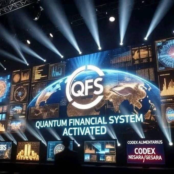 A dramatic stage display shows "QUANTUM FINANCIAL SYSTEM ACTIVATED" projected over a glowing Earth, surrounded by digital dashboards, with a smaller "CODEX NESARA/GESARA" screen visible. The image visually reinforces the post's claim of a global financial reset, using cinematic lighting and tech imagery to convey the scale and urgency of the alleged QFS activation across 200+ countries.