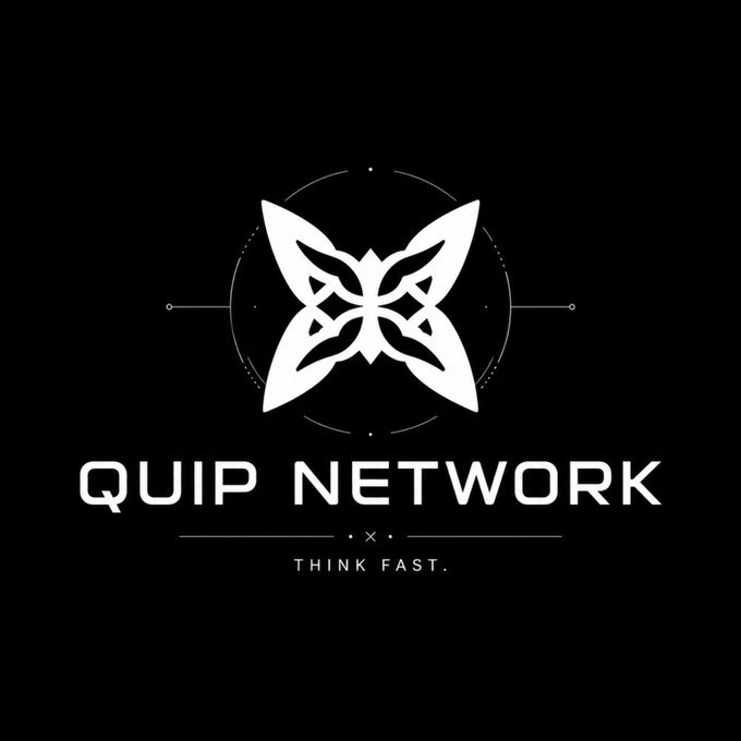 A minimalist black and white logo for 'QUIP NETWORK' featuring a stylized butterfly/geometric emblem with the tagline 'THINK FAST.'