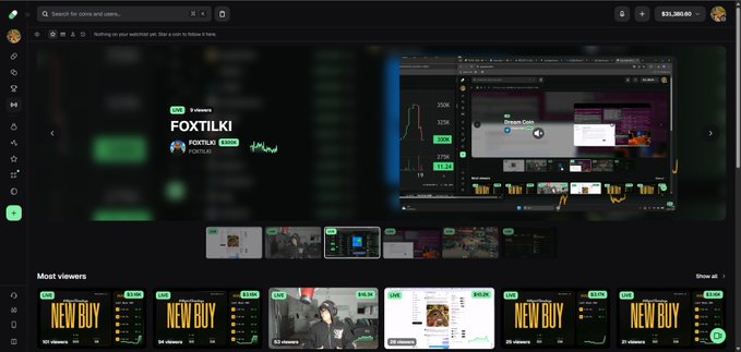 Screenshot of the Kick streaming platform homepage featuring 'T FOXTILKI' and 'FOXTILKI' channels, showing most viewers and live streams including 'NEW BUY' streams.