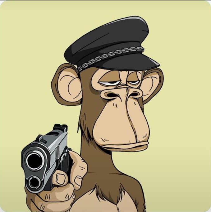A digital illustration of a cartoon monkey wearing a police officer's cap and pointing a silver handgun directly at the viewer.