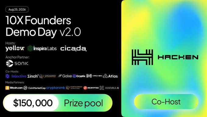 The image is a promotional graphic for "10X Founders Demo Day v2.0" on August 25, 2026, featuring a $150,000 prize pool with Hacken prominently displayed as a Co-Host on the right side, directly supporting the post's message about Hacken providing $15,000 in audit credits to winners.