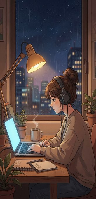 An anime-style illustration shows a young woman with a bun and headphones working on a laptop at a desk by a window at night, with a steaming mug, notebook, and plants nearby, while a rainy cityscape glows behind her.