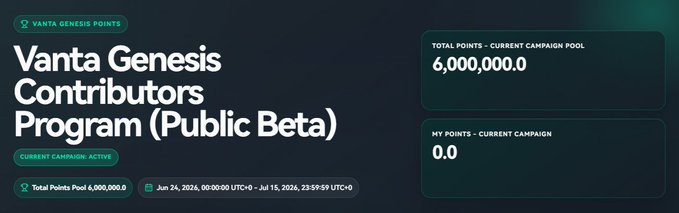 A promotional dashboard for the "Vanta Genesis Contributors Program (Public Beta)" showing a total campaign pool of 6,000,000.0 points with 0.0 points earned by the user, running from June 24, 2026 to July 15, 2026. The image supports the post by highlighting the referral code "F8BE4C" opportunity to earn Genesis Points on the Vanta exchange before the campaign ends in two days.