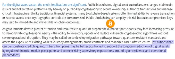 The image shows an excerpt from a Moody's Ratings report highlighting credit risks in the digital asset sector, with a Bitcoin logo and text emphasizing that institutions demonstrating "credible quantum transition plans" are better positioned to support long-term digital asset adoption amid cybersecurity preparedness expectations.