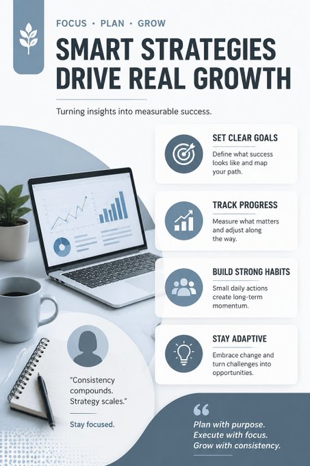 A business infographic titled 'SMART STRATEGIES DRIVE REAL GROWTH' with sections on setting clear goals, tracking progress, building strong habits, and staying adaptive, featuring a laptop with charts.
