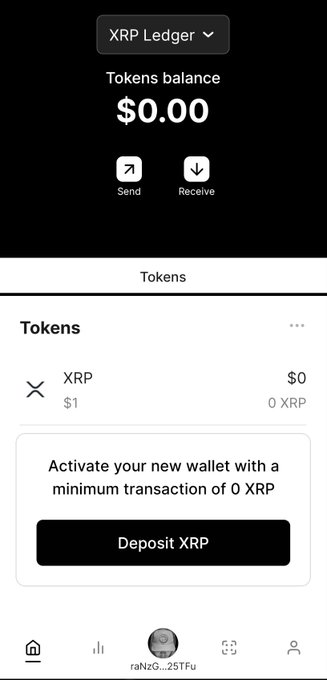 Mobile wallet app interface for XRP Ledger showing a token balance of $0.00, Send and Receive buttons, and a prompt to 'Activate your new wallet with a minimum transaction of 0 XRP' with a 'Deposit XRP' button.