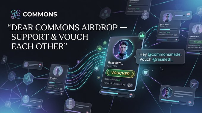 A digital promotional graphic for 'COMMONS' titled 'DEAR COMMONS AIRDROP — SUPPORT & VOUCH EACH OTHER' shows interconnected user profile cards being vouched for.