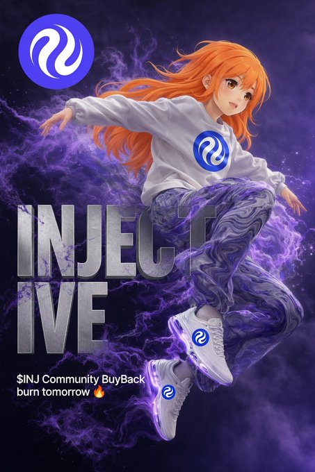 A vibrant promotional graphic features an anime-style orange-haired character wearing an $INJ-branded white sweater, surrounded by purple energy, with the bold text "INJECTIVE" displayed prominently alongside the tagline "$INJ Community BuyBack burn tomorrow 🔥"—teasing the upcoming token burn event referenced in the post.