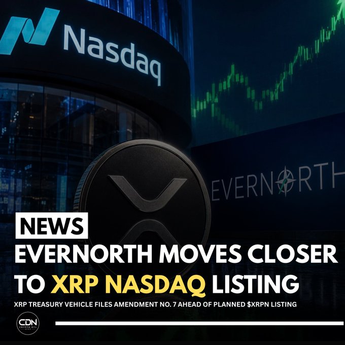 An EverNorth-branded XRP coin sits before the Nasdaq building and a rising green chart, promoting the news that Evernorth has filed Amendment No. 7 as an XRP treasury vehicle in preparation for its planned $XRPN Nasdaq listing.
