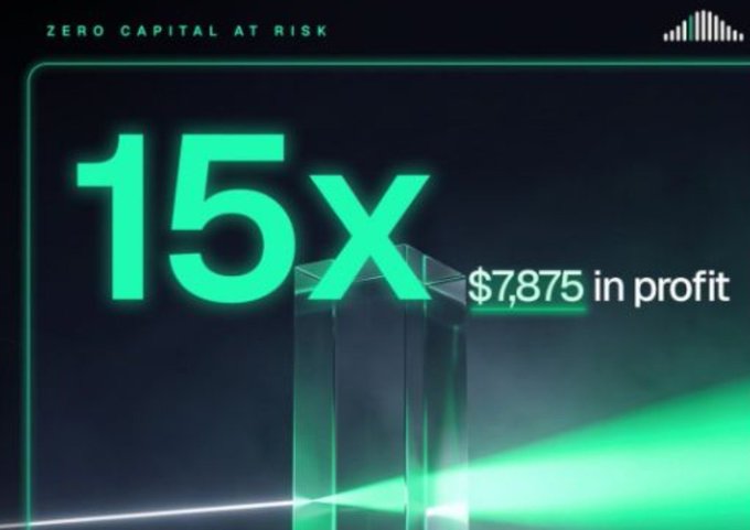 A promotional graphic displays the text "ZERO CAPITAL AT RISK" and a large "15x" with "$7,875 in profit" highlighted in green.