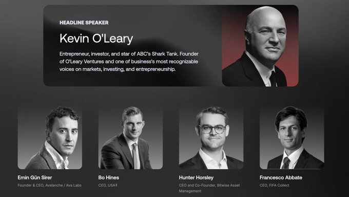 Speaker lineup featuring Kevin O'Leary as the headline speaker, alongside Emin Gün Sirer (Avalanche/Avax Labs), Bo Hines (USAF), Hunter Horsley (Bitwise Asset Management), and Francesco Abbate (FIFA Collect).