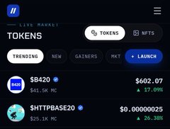 Live market dashboard showing tokens DAH at $420 and $HTTPBASE20 at $0.0000025, with trending and gainer tabs and a launch button.