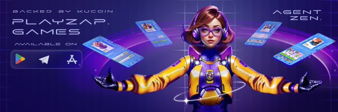 A promotional banner for PlayZap Games, backed by KuCoin, featuring 'Agent Zen' as an anime-style character in a yellow and purple suit with floating mobile game interface cards around her.