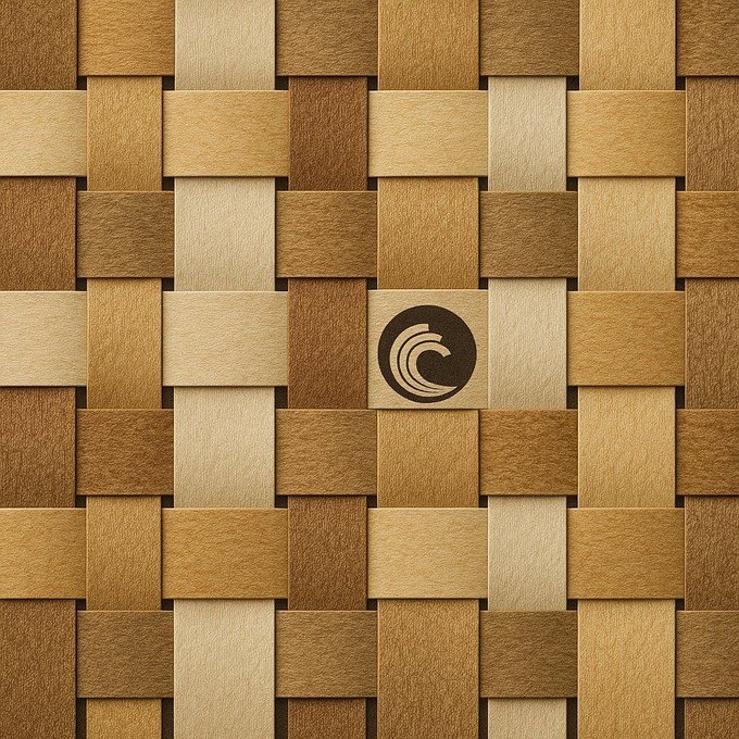 A woven pattern made of interlocking light and dark wood strips features a circular emblem with a stylized "C" or wave design in the center.