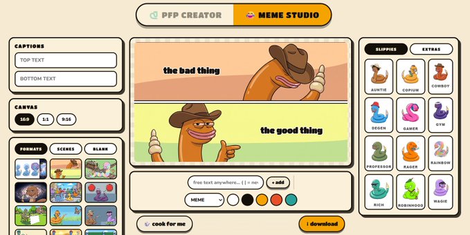 A screenshot of a 'PFP CREATOR / MEME STUDIO' web tool displaying a two-panel meme with worm characters, showing the 'bad thing' (sad cowboy) and 'the good thing' (happy pointing cowboy) with various customization options.