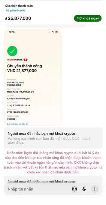 A screenshot of a P2P crypto transaction chat shows a payment confirmation of 21,877,000 VND from Techcombank (account LE VAN TRUONG) alongside a total order of 25,877,000 VND, illustrating the scam warning about buyers short-changing sellers by 4 million VND.