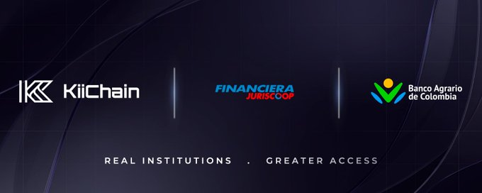 A corporate banner displays logos for 'KiiChain', 'FINANCIERA JURISCOOP', and 'Banco Agrario de Colombia' with the tagline 'REAL INSTITUTIONS . GREATER ACCESS'.