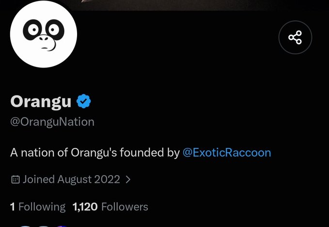 An X (Twitter) profile for 'Orangu' (@OranguNation), verified, with the bio 'A nation of Orangu's founded by @ExoticRaccoon,' joined August 2022 with 1,120 followers.