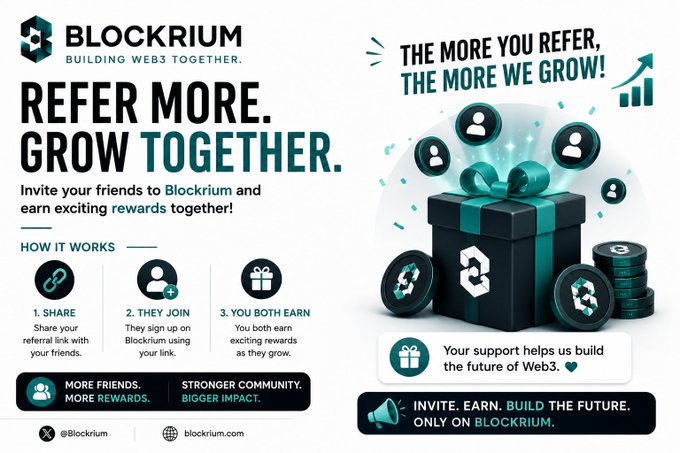 This image is a promotional graphic for Blockrium's referral program, prominently displaying the tagline "REFER MORE. GROW TOGETHER." alongside a 3D illustration of a gift box surrounded by user icons and coins. It outlines a three-step process—Share, They Join, and You Both Earn—with the heading "THE MORE YOU REFER, THE MORE WE GROW!" reinforcing the post's message about inviting friends to earn rewards together and strengthen the Web3 community.
