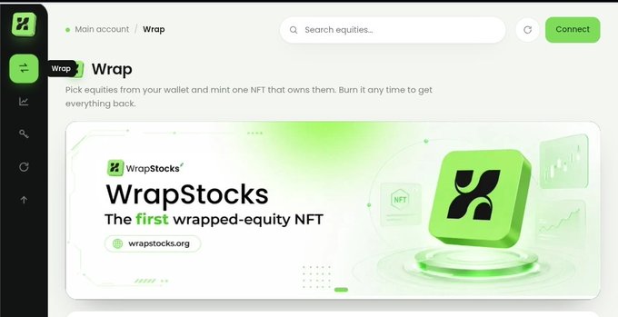 A screenshot of the WrapStocks app interface showing the "Wrap" feature page, with the header "WrapStocks - The first wrapped-equity NFT" and a prompt instructing users to "Pick equities from your wallet and mint one NFT that owns them. Burn it any time to get everything back." The image illustrates the first step of the wrapping process, displaying the app's branding and a green-themed platform where users can begin combining their equities into a single Portfolio NFT.