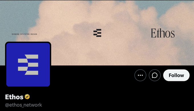 A Twitter/X profile page shows the "Ethos" account with the handle @ethos_network, featuring a blue logo and a cloud-filled sky banner.