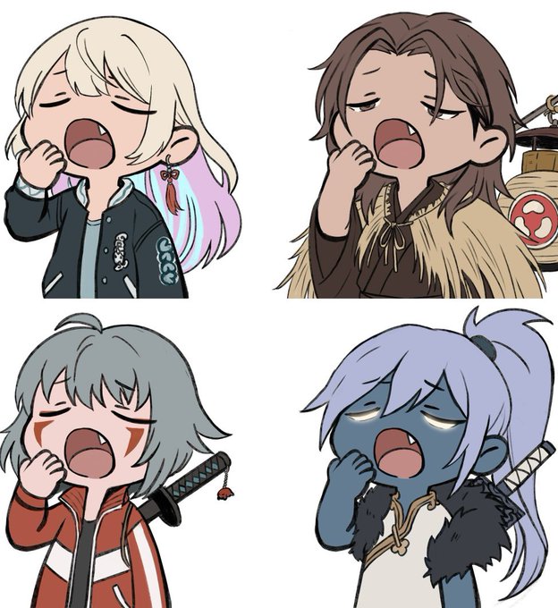 Four chibi-style characters yawning with sleepy expressions, each featuring distinct designs—one with pink and white hair in a dark jacket, one in a fur cloak beside a dango stall, one in a red jacket with a katana, and one in a dark cloak also wielding a sword. The image directly showcases the "yawning chibi commissions" advertised, with each character embodying the cozy, drowsy aesthetic offered.