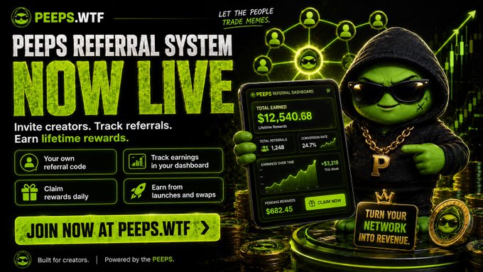 A promotional banner for the PEEPS.WTF Referral System launch, featuring a green hooded mascot with sunglasses and gold chain alongside a dashboard showing $12,540.68 in lifetime earnings and 1,238 total referrals, with text inviting users to "Earn lifetime rewards" by tracking referrals at PEEPS.WTF.