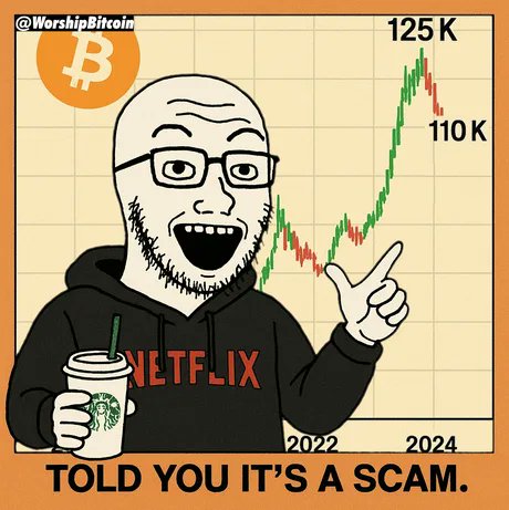 The post includes a graphic with a cartoon figure, presumably a man wearing glasses, making a gesture while pointing at a graph that shows the upward trend of Bitcoin prices over the past year. The caption reads, "Told you! It's a scam." This message seems to be an attempt to warn viewers about the possible risks associated with investing in or trading Bitcoin.