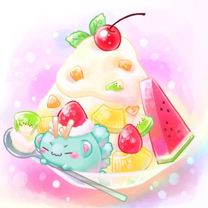 A cute kawaii-style illustration of a fruit and cream dessert topped with a cherry, accompanied by a small blue creature with deer antlers on a spoon.