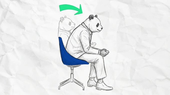 A sketched illustration on a crumpled paper background showing a person with a panda head sitting in a blue office chair, with a green arrow pointing to them.