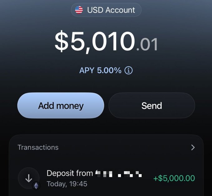 A mobile app screenshot showing a USD Account balance of $5,010.01 with a 5.00% APY, featuring a recent $5,000.00 deposit transaction—illustrating the user's EthenaPay setup process where they're earning interest while preparing to access 4% cashback on purchases.