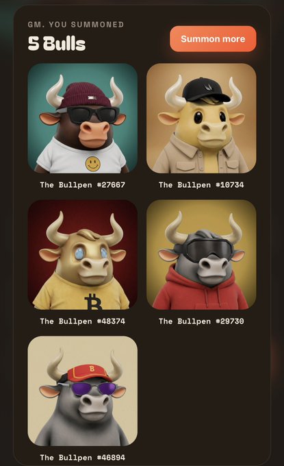 The image displays five "Bullpen" NFTs, each with a unique number, that the user acquired in hopes of winning $5,000 in $ANSEM.
