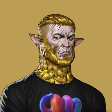A stylized digital illustration of a stern-looking character with pointed elf-like ears, golden hair, and a thick golden beard, wearing a black t-shirt with a rainbow-colored logo against a mustard background.
