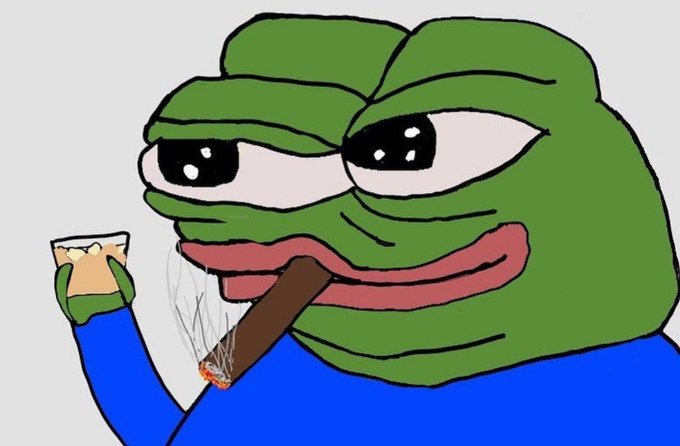 A green Pepe the Frog meme character wearing a blue shirt smokes a cigar while holding a drink, looking content and unbothered. The image satirically ties to the "BTFD" (Buy The F***ing Dip) mentality from 2017, depicting the carefree, optimistic attitude crypto traders had during market downturns, treating financial volatility as just another day to relax.