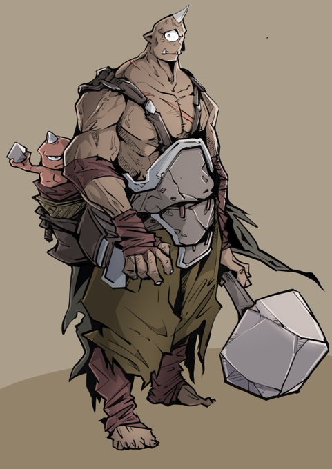 Digital character art of a large, muscular, orc-like monster wearing a spiked helmet, tattered green cloth, and a stone-like chest plate, holding a massive stone hammer.