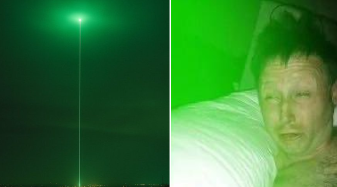 The image is a split screen showing a green laser beam shooting into the night sky on the left, and a man with glowing green eyes staring intensely at a screen on the right, humorously representing crypto traders staying awake into the early hours monitoring their charts.