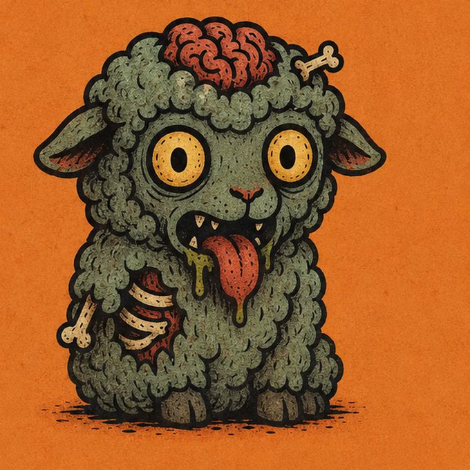 A cartoon illustration of a creepy, zombie-like sheep with an exposed brain, drooling yellow saliva, a hanging tongue, and visible bones, set against a solid orange background.