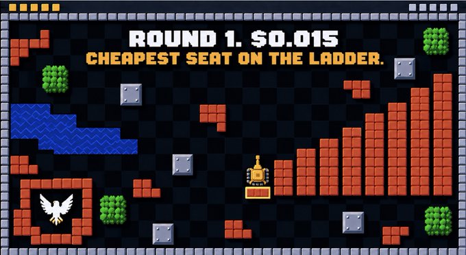 A pixel-art retro video game style image showing a character on a brick staircase with the text "ROUND 1. $0.015 — CHEAPEST SEAT ON THE LADDER."