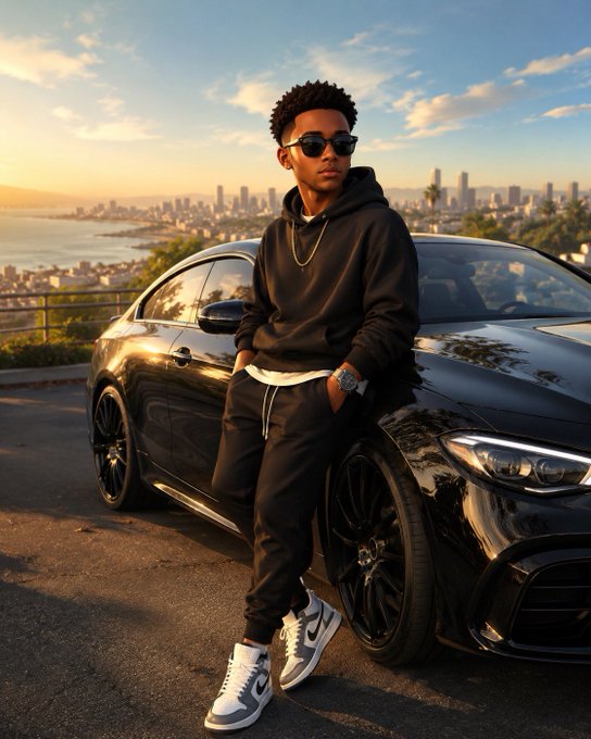 A stylish young man leans against a sleek black sports car with a cityscape skyline at sunset in the background. He wears a black hoodie, matching joggers, white and grey Nike sneakers, sunglasses, and a gold chain, embodying a cool weekend vibe to match the "Good morning CT ☀️ Happy weekend" post.