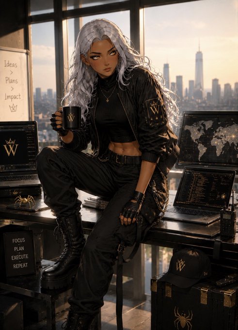 An anime-style illustration shows a silver-haired woman in black tactical clothing sitting on a desk with laptops and a spider, holding a mug with a 'W' crown logo. A sign reads 'Ideas > Plans > Impact' and another reads 'FOCUS PLAN EXECUTE REPEAT'.