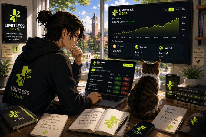 An illustrated scene of a person in a 'Limitless Signal' hoodie working on a laptop displaying trading markets, accompanied by a cat, with promotional branding visible throughout.