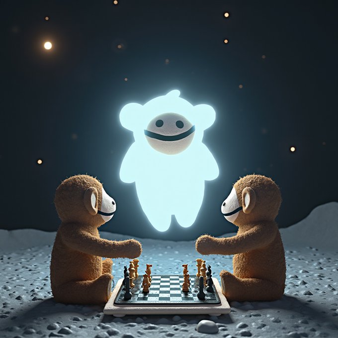 Two fuzzy brown teddy bears sit on a moon-like surface playing chess, overseen by a glowing blue ghost-like figure floating above them against a starry sky.
