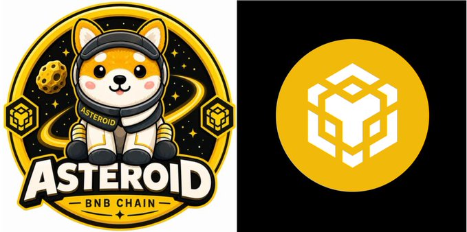 A split graphic showing an "ASTEROID - BNB CHAIN" logo featuring an astronaut Shiba Inu dog on the left, and a gold and white BNB chain logo on the right.