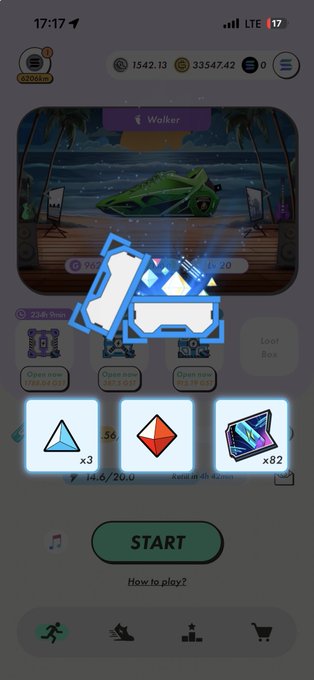 A mobile game interface displays a 'START' button, a 22-hour timer, and selectable reward boxes containing items like 36 blue triangle gems, 36 red diamond gems, and 62 purple crystal gems.